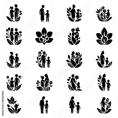 Family love and care icons set
