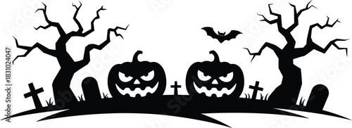 Halloween graveyard silhouette, spooky pumpkins, haunted trees, flying bat, creepy cemetery scene, dark festive art, scary night, horror theme, October design