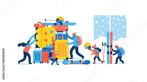 Enthusiastic Family Preparing for Winter Ski Trip: Managing Oversized Luggage and Gear for a Mountain Vacation.