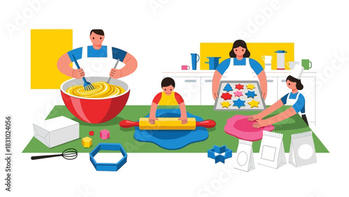 Happy Family Baking Cookies Together in the Kitchen: Parents and Children Rolling Dough and Preparing Holiday Treats