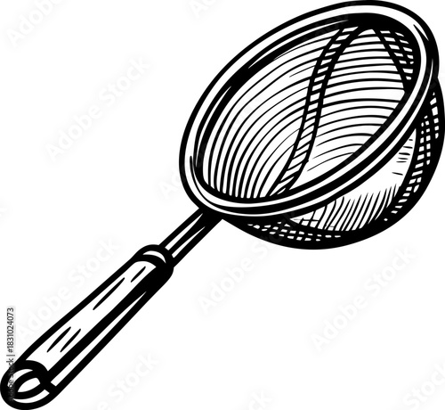 Handheld kitchen sieve with long handle vintage mesh strainer illustration for cooking and baking