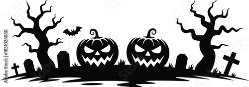 Halloween graveyard silhouette, spooky pumpkins, haunted trees, flying bat, creepy cemetery scene, dark festive art, scary night, October horror design