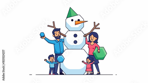 Happy Family Building a Geometric Snowman Illustration. Winter Holiday Fun and Togetherness Activity.