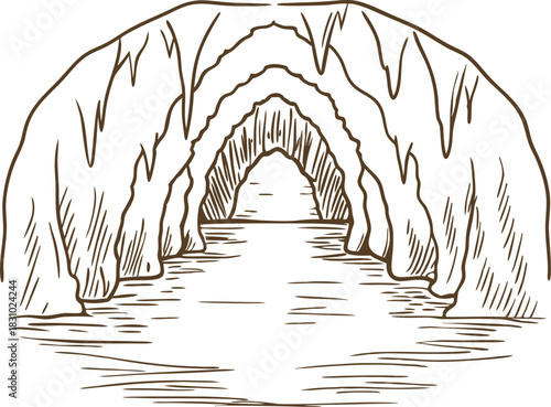 icy underground cave tunnel with arched walls and frozen floor interior illustration