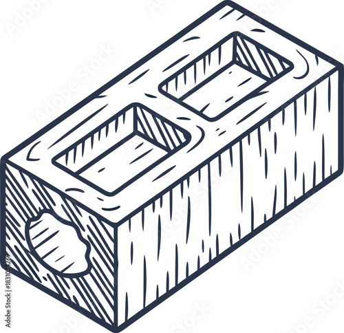 Rectangular hollow concrete cinder block with textured surface and chipped corner illustration