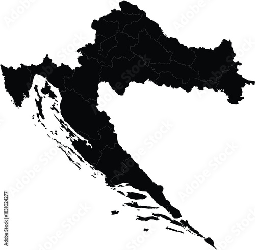 Detailed vector map of Croatia black silhouette on white background for geographic and political use