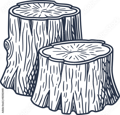 Two tree stumps illustration showing cut wood trunks with detailed growth rings and bark texture