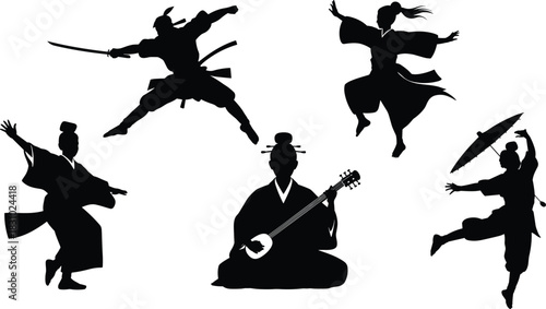 Japanese culture silhouette, traditional dance vector, samurai pose art, shamisen musician illustration, umbrella dancer design, black figure set