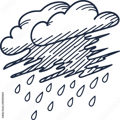 hand drawn rain cloud with falling raindrops sketch weather symbol for rainy forecast illustration