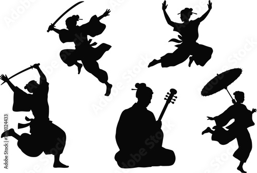 Japanese culture silhouette set, samurai sword action, traditional dance pose, shamisen musician, parasol figure, heritage art, martial arts vector