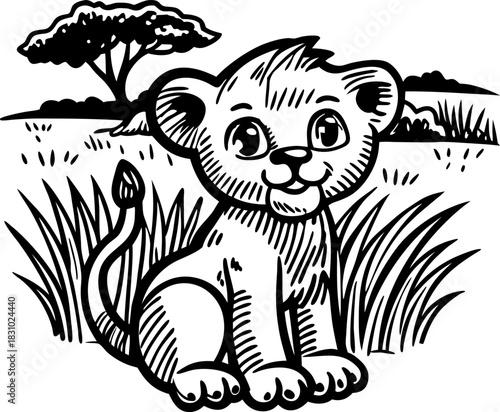 Playful lion cub sitting in savanna grassland, cute wild baby animal illustration
