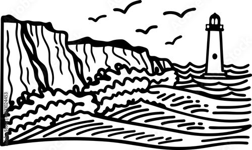 Coastal lighthouse and rocky cliffs with ocean waves and flying seabirds in minimalist line art illustration