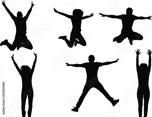 Jumping silhouette, celebration pose, happy people, energetic movement, black figure, joyful jump, freedom expression, raised arms, dynamic posture, silhouette illustration