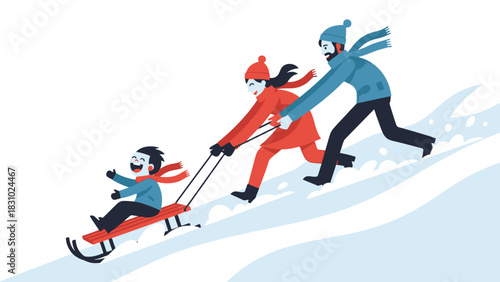Joyful Family Sledding Adventure: Parents and Child Having Fun Outdoors in the Snow During Winter Holidays