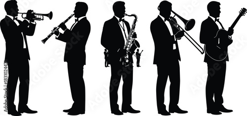 Jazz band silhouettes, musicians playing trumpet, clarinet, saxophone, trombone, guitar, formal attire, music ensemble, performance concept, concert illustration