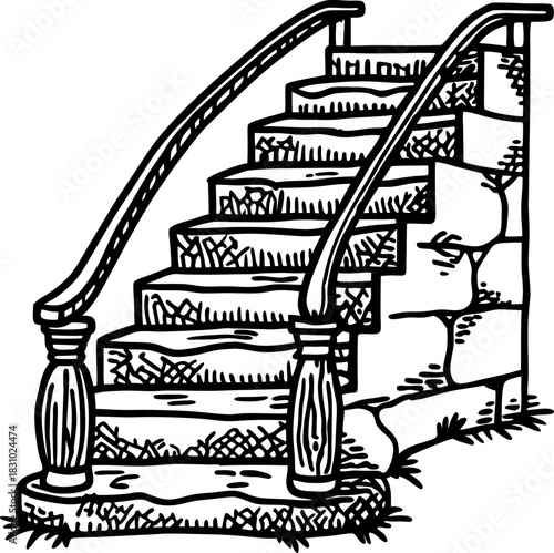 Old stone outdoor staircase with wooden railings and decorative balusters illustration