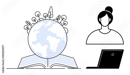 Open book with a globe growing plants, woman facing laptop. Ideal for education, sustainability, e-learning, environmental impact, global understanding, green growth, simple flat metaphor