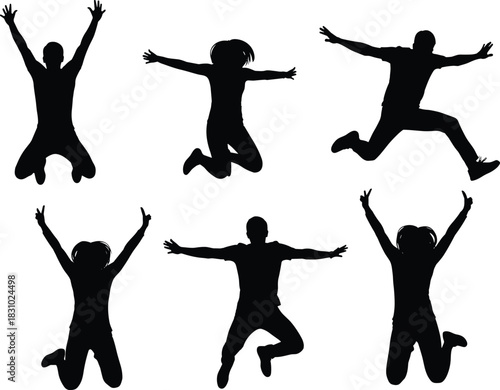 Jumping, silhouette, people, energetic, pose, motion, freedom, celebration, youth, dance, joy, active, leap, expression, group, white, background, dynamic, airborne, excitement**