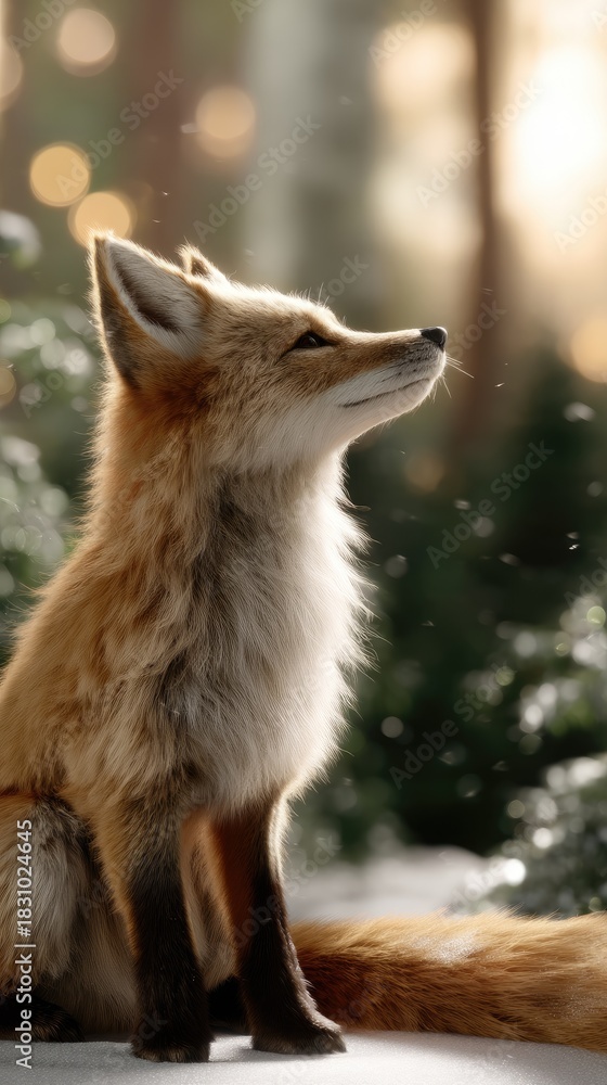 Fototapeta premium Fox sits gracefully in a serene forest setting with soft sunlight filtering through the trees in the early morning