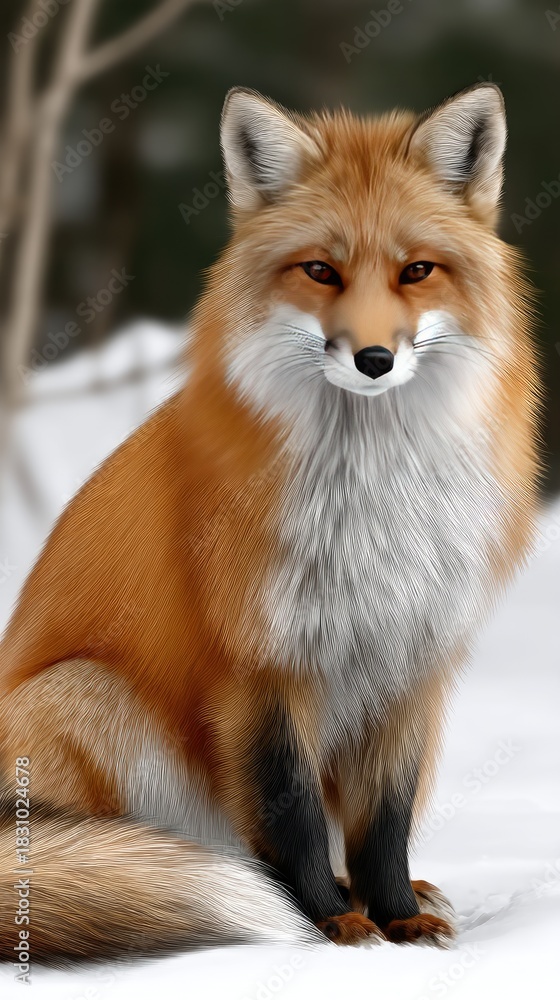 Obraz premium Red fox rests calmly on the snow-covered ground in a serene winter forest setting during daylight hours