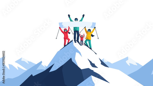 Team or Family Skiers Reaching Peak and Holding Blank Banner, Celebrating Success and Achievement Against a White Background. Vector Illustration.