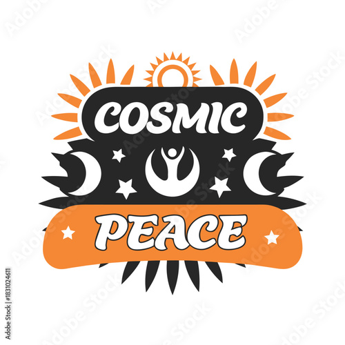 Cosmic peace abstract art features sun, moons, stars, and positive symbolism beautifully