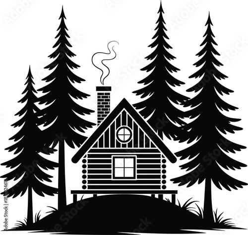 Log cabin silhouette vector, forest house illustration, rustic nature retreat icon, pine tree background design, cozy woodland home scene