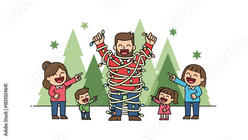 Tangled Dad: Funny Christmas Family Laughing at Father Wrapped in Holiday Lights During Decoration Mishap