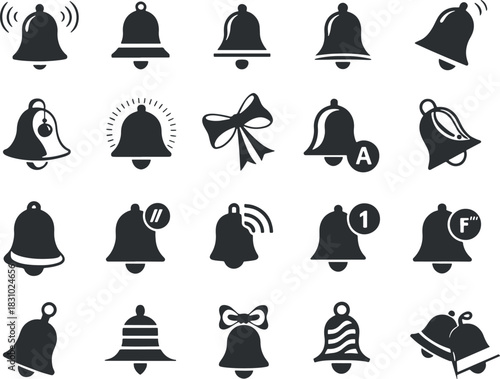 Collection of various black notification bell icons for alert system