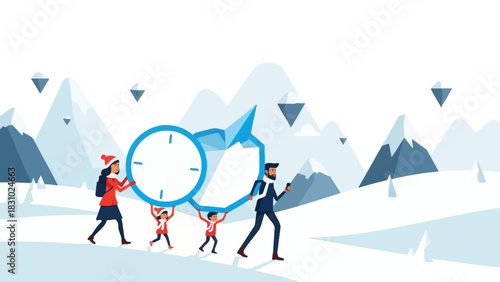 Family Carrying the Burden of Time and Deadlines Through a Winter Mountain Landscape