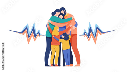 Loving Family Group Hug with Heartbeat Pulse Line: Emotional Support, Unity, and Wellness Illustration