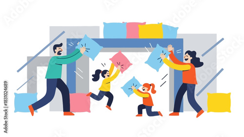 Joyful Family Pillow Fight: Cartoon Illustration of Parents and Children Having Fun and Bonding at Home During Playtime