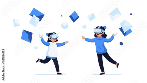 Fun VR Gaming Experience: Young Women Interact and Play in the Metaverse Using Virtual Reality Headsets