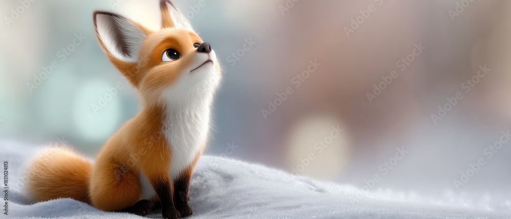 Obraz premium Cute animated fox sitting on white snow looking up, surrounded by a soft blurred background, evoking a sense of wonder and curiosity in a bright setting