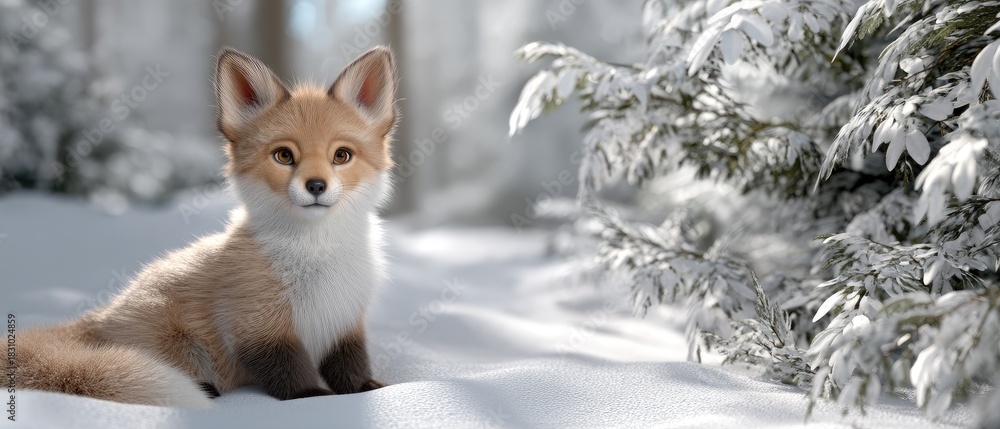Obraz premium Fox sits gracefully in a snowy forest scene with soft sunlight filtering through the trees during winter