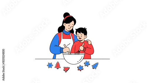 Mother and Son Baking Christmas Cookies: Happy Family Bonding Time Preparing Holiday Treats and Seasonal Desserts