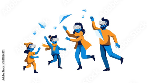 Excited Family Using VR Headsets for Immersive Metaverse Entertainment or Augmented Reality Gaming Experience