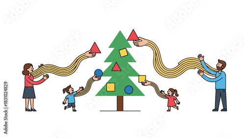 Family Teamwork Concept: Abstract Illustration of Parents and Children Decorating a Christmas Tree with Geometric Shapes