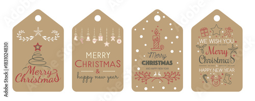 Set of cute Christmas gift tags featuring a tree, snowflakes, reindeer, and Santa Claus. Simple vector illustrations on a light brown background. Perfect for holiday designs. Vector illustration.