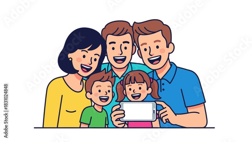 Joyful Cartoon Family of Four Taking a Selfie Portrait with Mobile Phone, Isolated Vector Illustration