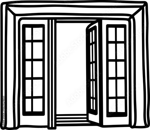 Open double glass doors with curtains and steps, simple black line illustration, doorway entrance