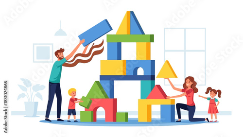 Happy Family Collaboration: Parents and Kids Building a Colorful Toy Block Structure for Fun and Child Development