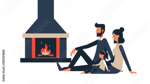 Cozy Family Sitting by Fireplace Illustration. Parents and Child Enjoying Warmth and Togetherness at Home During Winter.