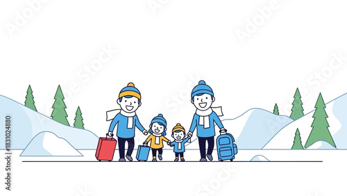 Happy Family Winter Vacation Trip. Parents and Children Walking with Luggage in Snowy Mountain Landscape, Flat Vector Illustration.