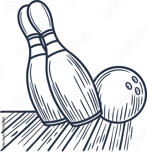 Vintage bowling pins and ball illustration on wooden lane surface, classic sports leisure concept