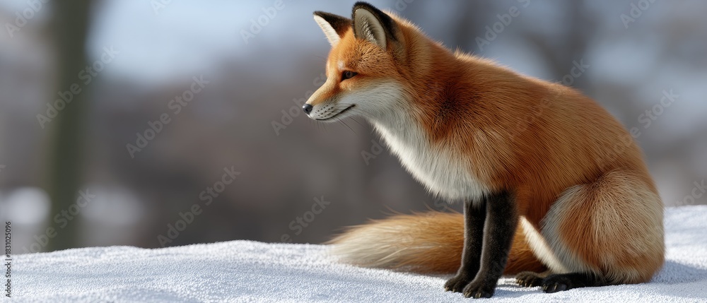Fototapeta premium Fox sits quietly on a snowy surface, showcasing its vibrant orange fur against a blurred winter background in the early morning