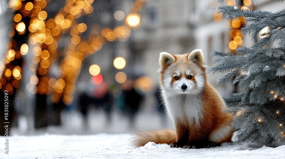 Fototapeta premium Winter scene with fox sitting by evergreen tree and festive lights in background