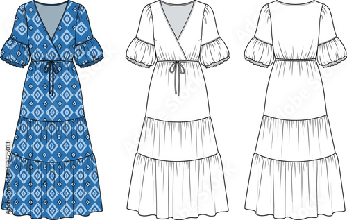 Technical flat sketch of a women's tiered wrap maxi dress with puff sleeves, V-neck, and waist tie
