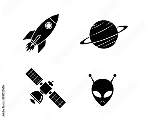 Explore the cosmos with this set of cosmic icons including a rocket, planet, satellite, and alien face for your next space project.