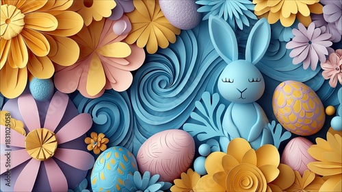A colorful Easter-themed illustration featuring a blue bunny, decorated eggs, and paper flowers against a textured blue background. The artwork evokes a sense o